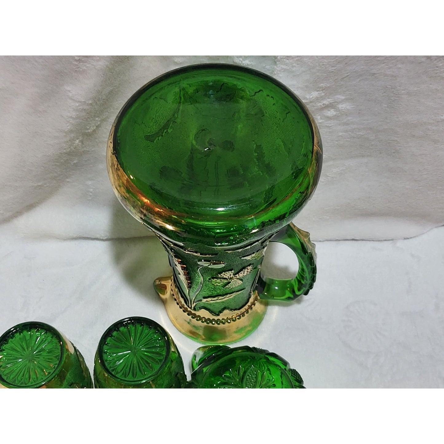 US Glass Company EAPG Delaware Emerald Pitcher and 4 Tumblers with Creamer