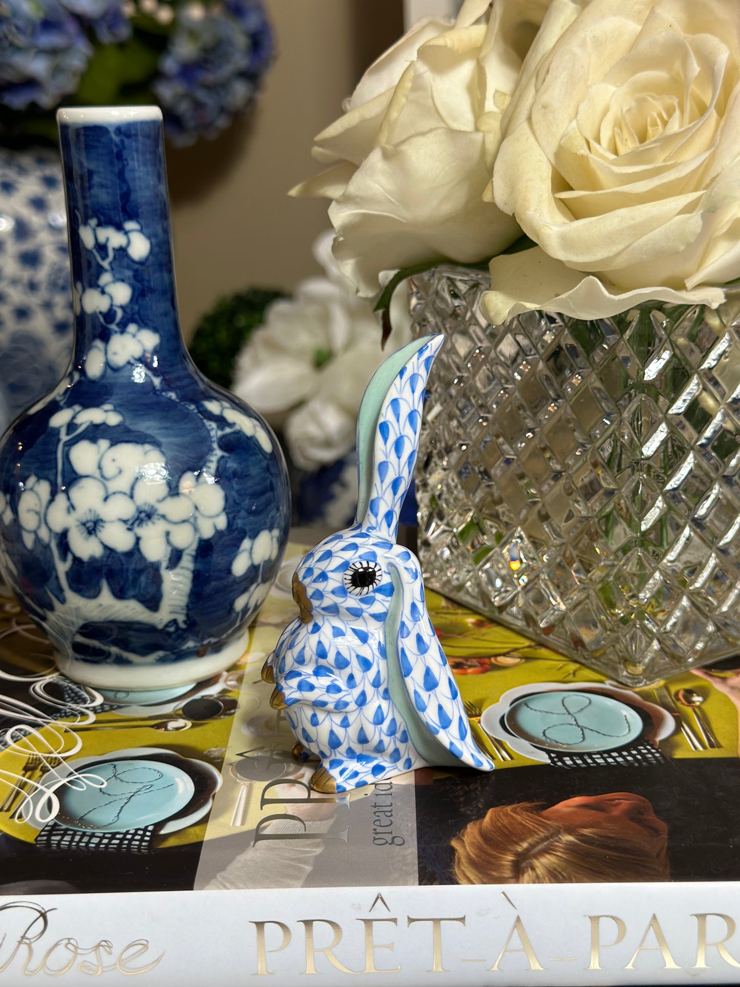 Herend Blue Fishnet Bunny Rabbit, One Ear Up, 4” tall - Pristine!