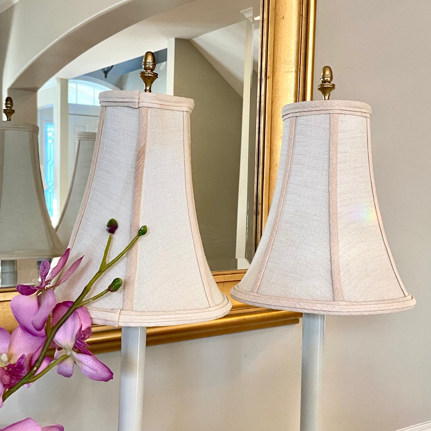 Rare STIFFEL Flame brass & fretwork statuesque designer lamps.