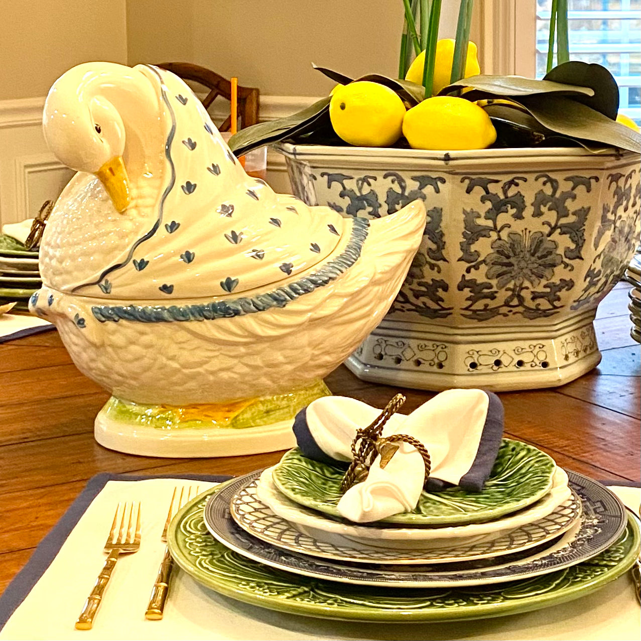 Fabulous vintage ceramic goose/swan blue & white lidded majolica style centerpiece.