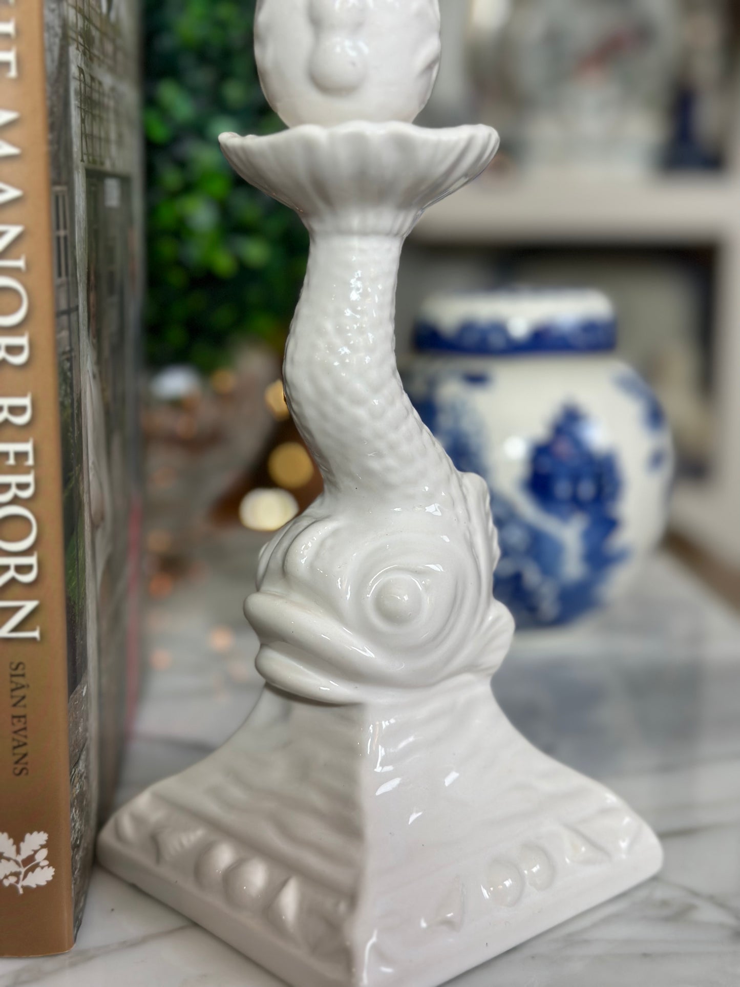Stunning! Vintage White Ceramic Koy Fish Candlesticks by Jay Wilfred