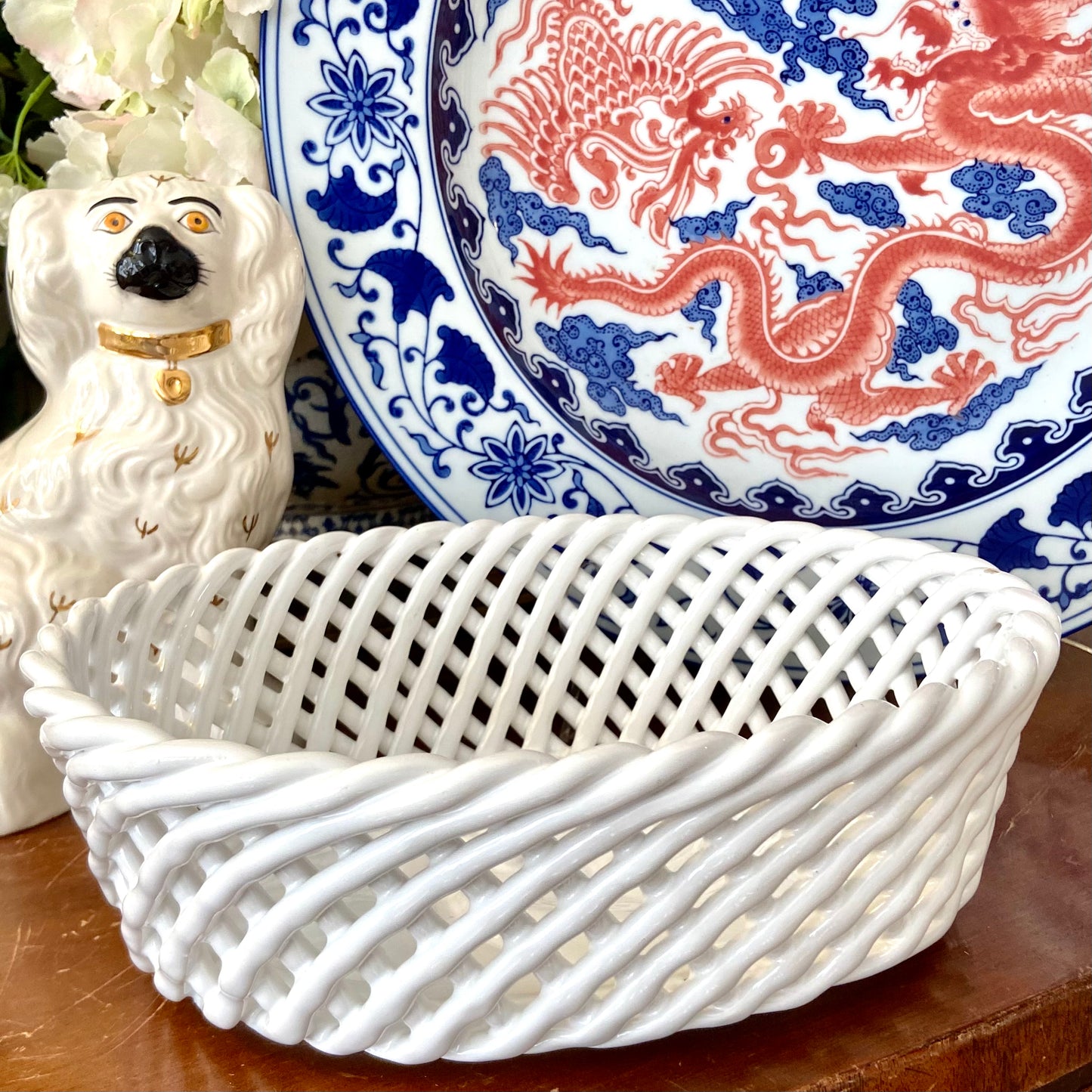 Vintage chic woven white basket weave large bowl