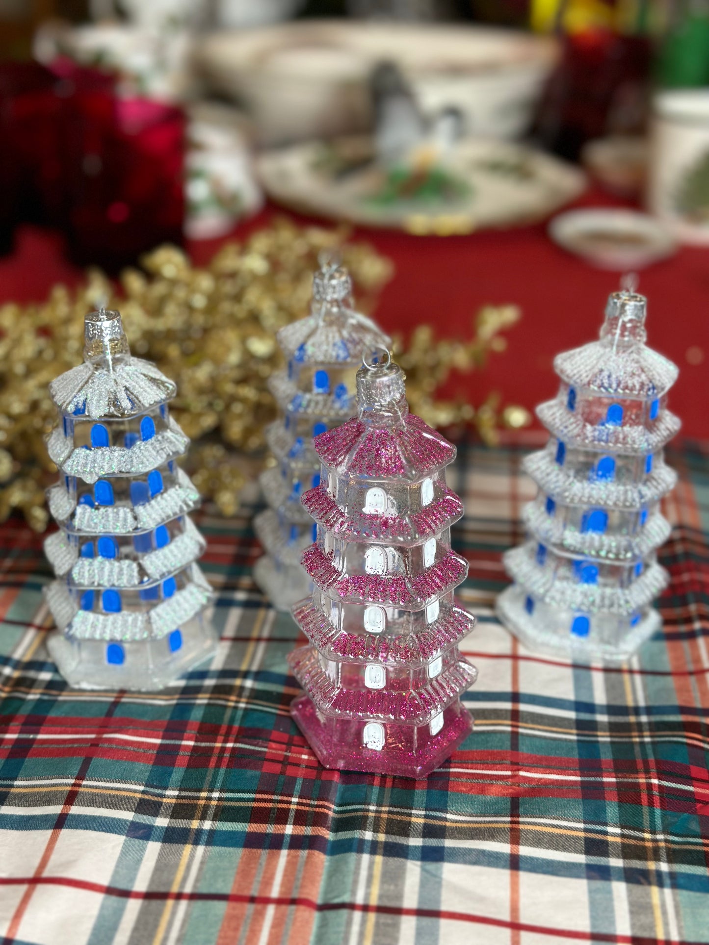 Glass Pagoda ornament, hand painted, 5” long