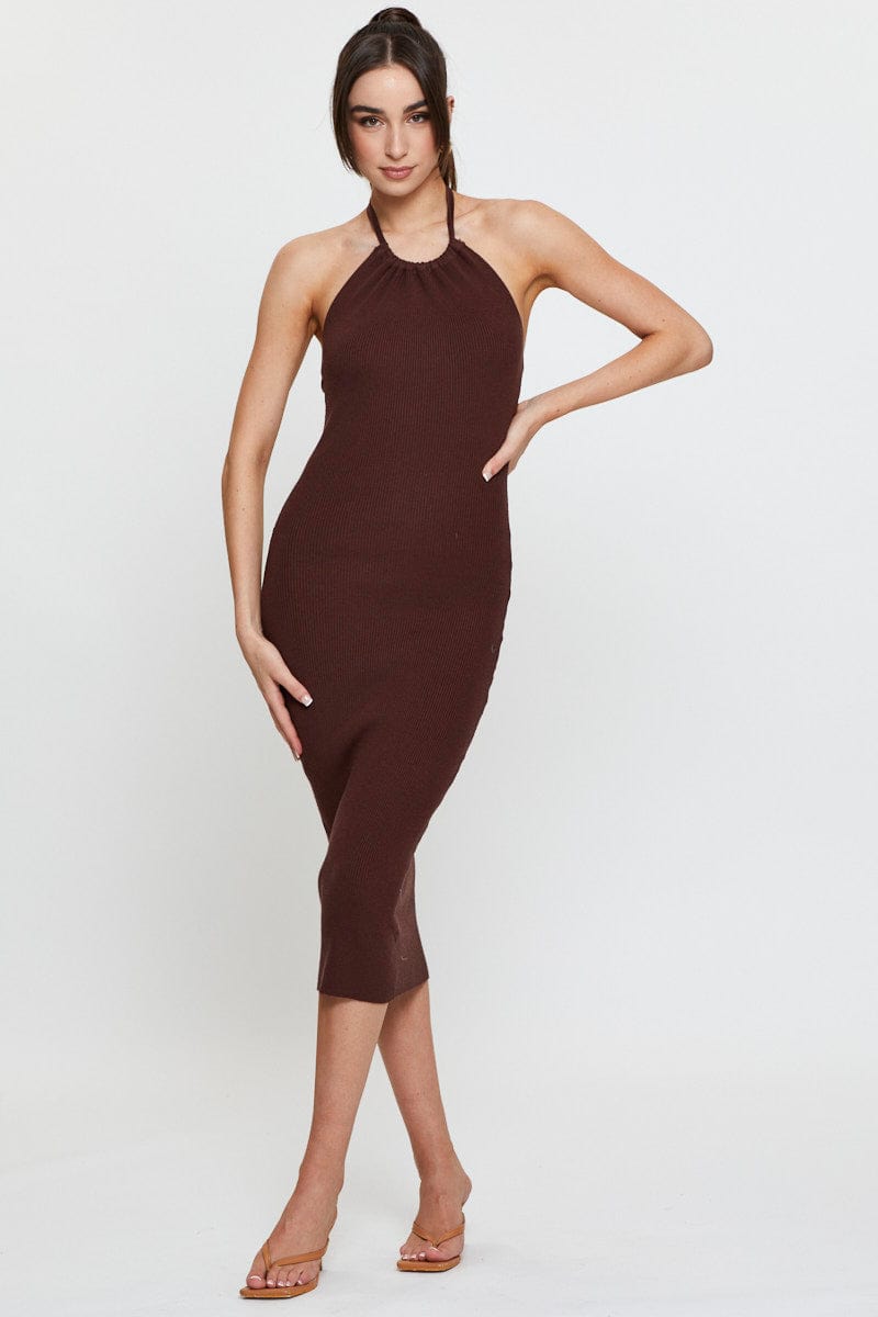 Women’s Brown Knit Dress Midi Halter Neck Ally Fashion