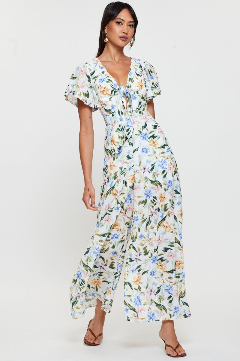 floral print short sleeve wide leg jumpsuit