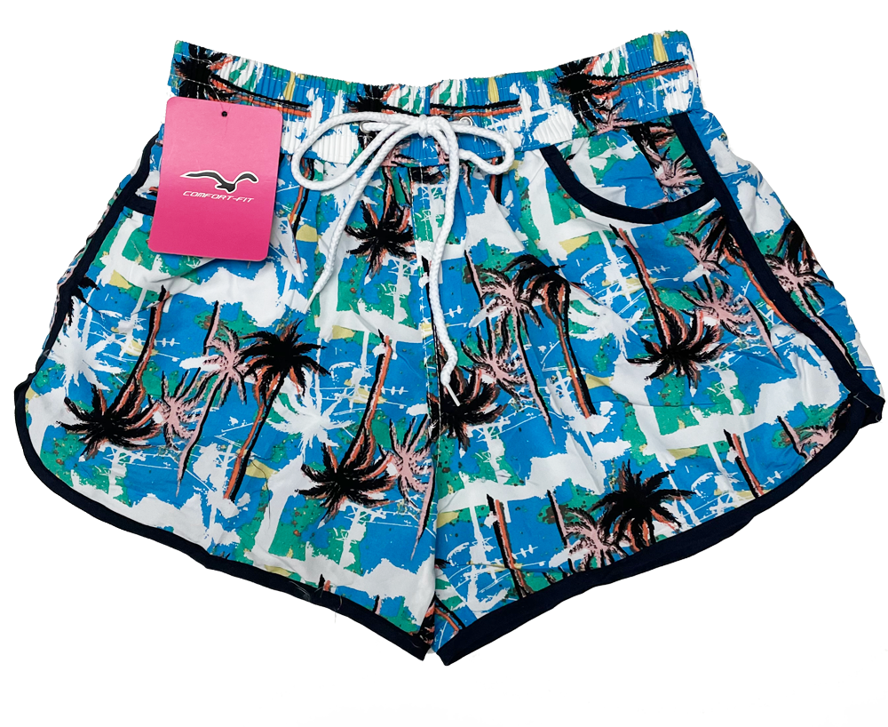 ''SWIMWEAR LADIES APPAREL & SWIMWEAR, LADIES 2-POCKET PRINTED BOARD SHORTS, BLUE, PALM, FLAMINGO, WHI