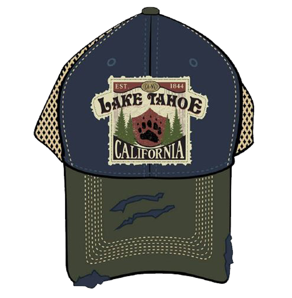 ''Ball Cap Distressed Luau Badge, Navy, Brown Lake Tahoe''