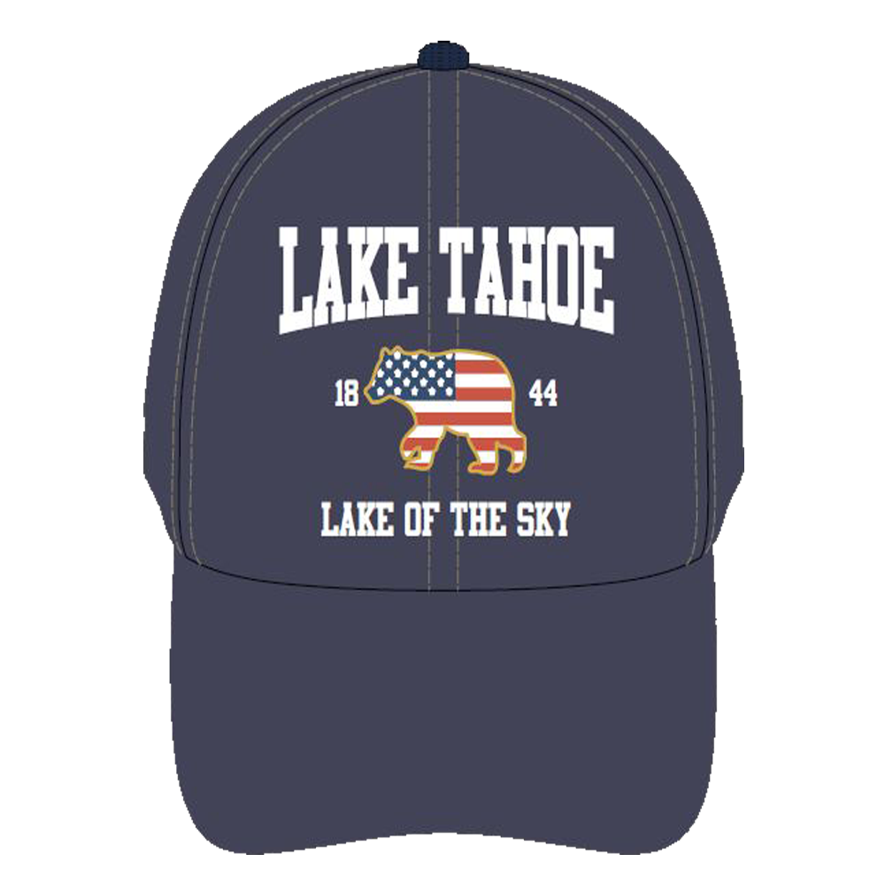 ''Ball Cap Bear FLAG ''''Lake of the Sky'''' Lake Tahoe, Khaki, Blue Asst.''