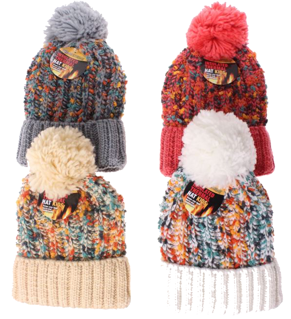Girl's Lined Speckled Yarn Polar Extreme Solid Cuff Oversize Pom HAT