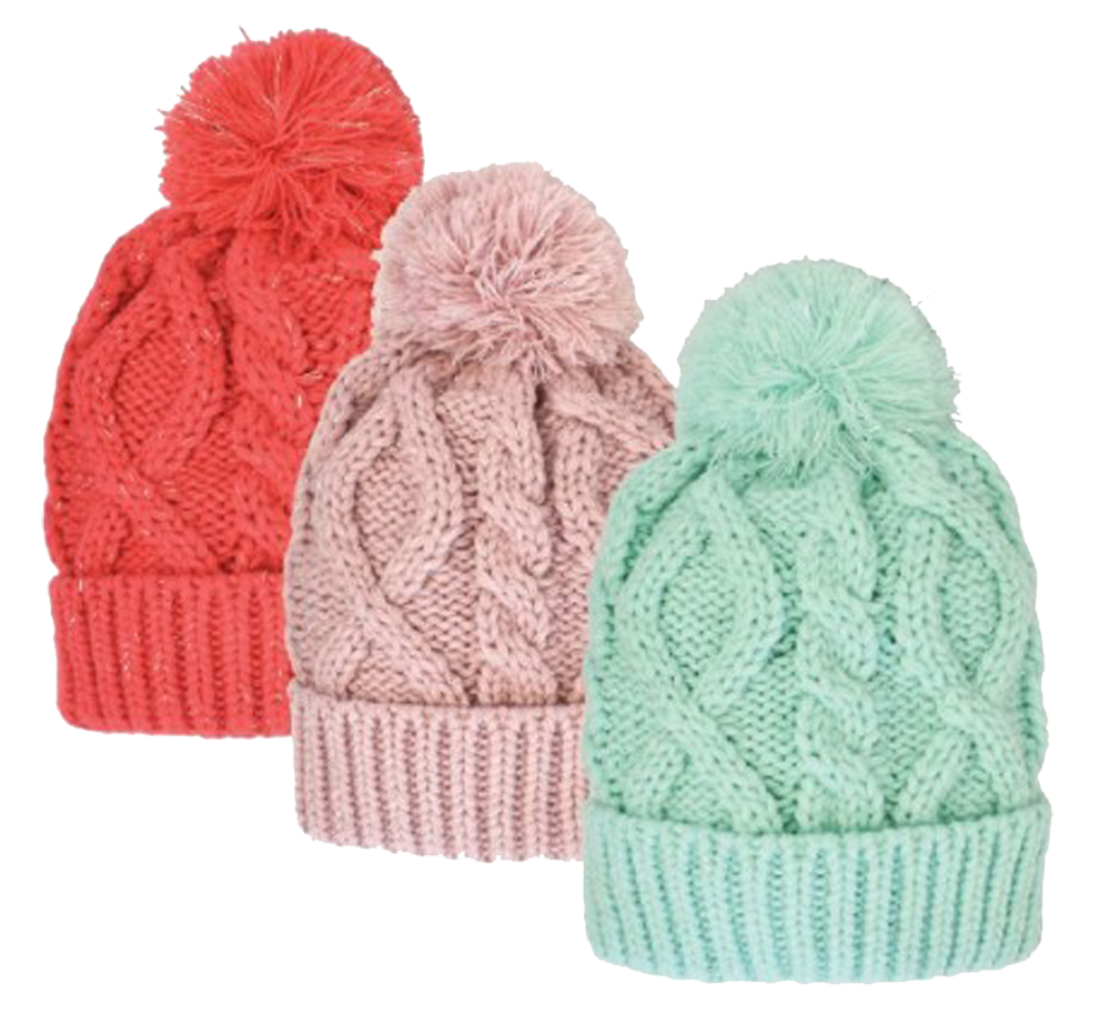 Girls Fleece Lined Cable Solid Knit Cuff Pom HAT