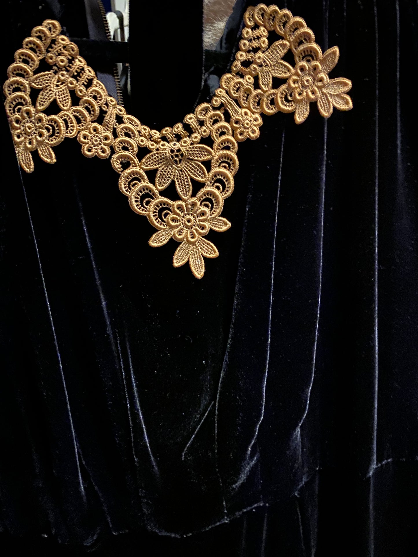 1930s Silk Black Velvet Dress with Crochet Trim - Medium