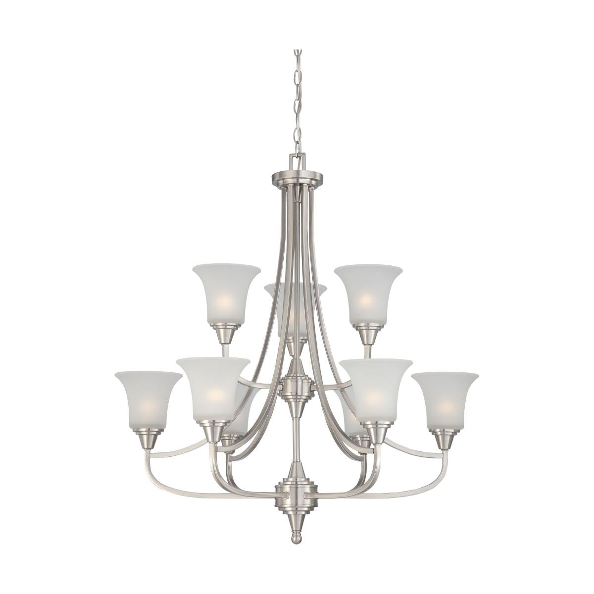 Brushed Nickel 9+2 Light Chandelier With Frosted Linen Glass 