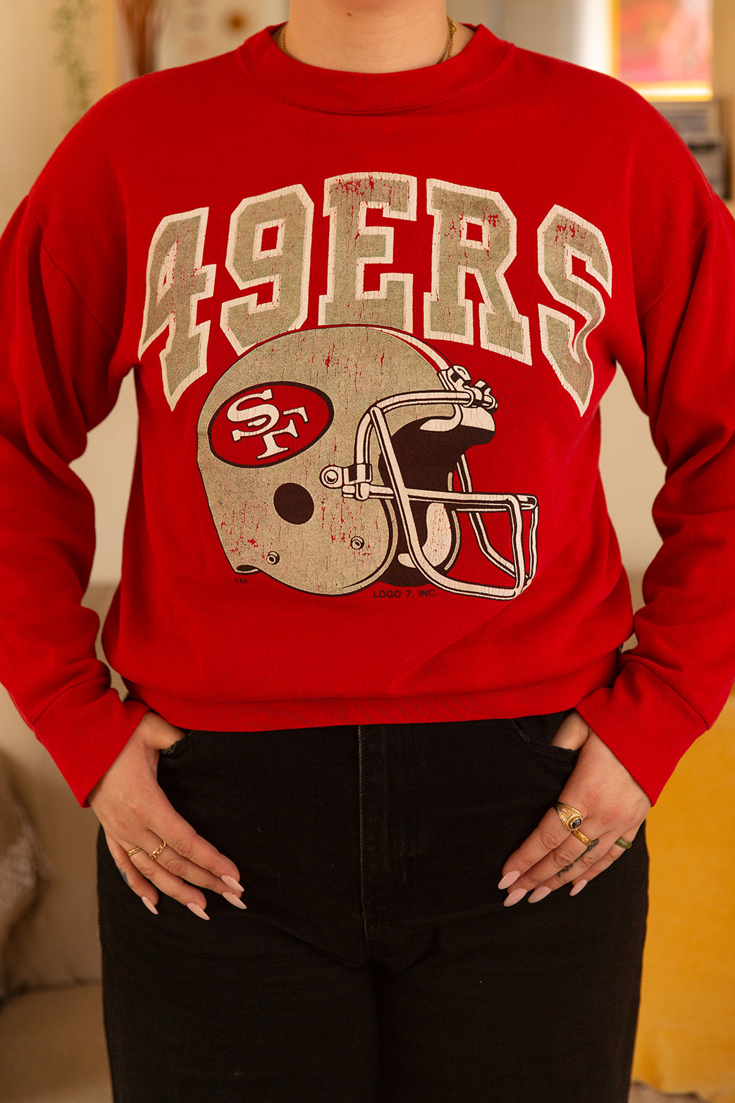 GC x NFL San Francisco 49ers Yard Line Long Sleeve Fleece Crewneck Sweatshirt with Ribbed Knit Collar, Wrist, and Waistband S / White