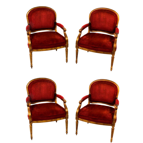 Hollywood Regency Red Velvet Bergere Armchairs Dining Chairs Set