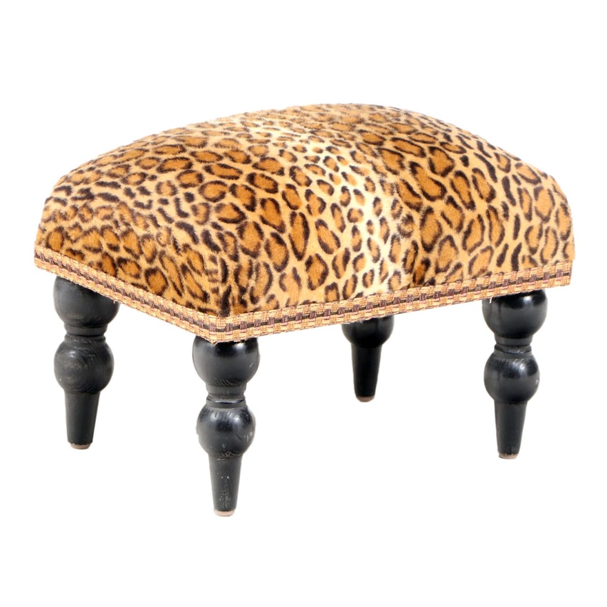 Leopard Ebonized Wood Footstool Ottoman