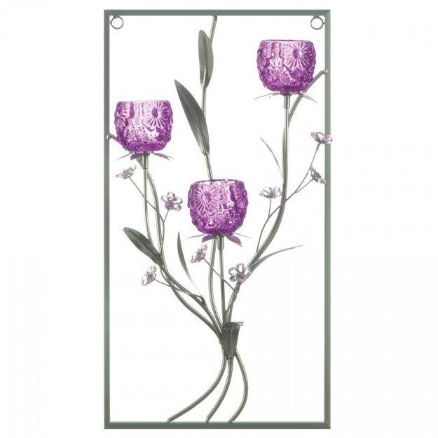 Purple Flower Rectangular Wall Sconce - Three Candles
