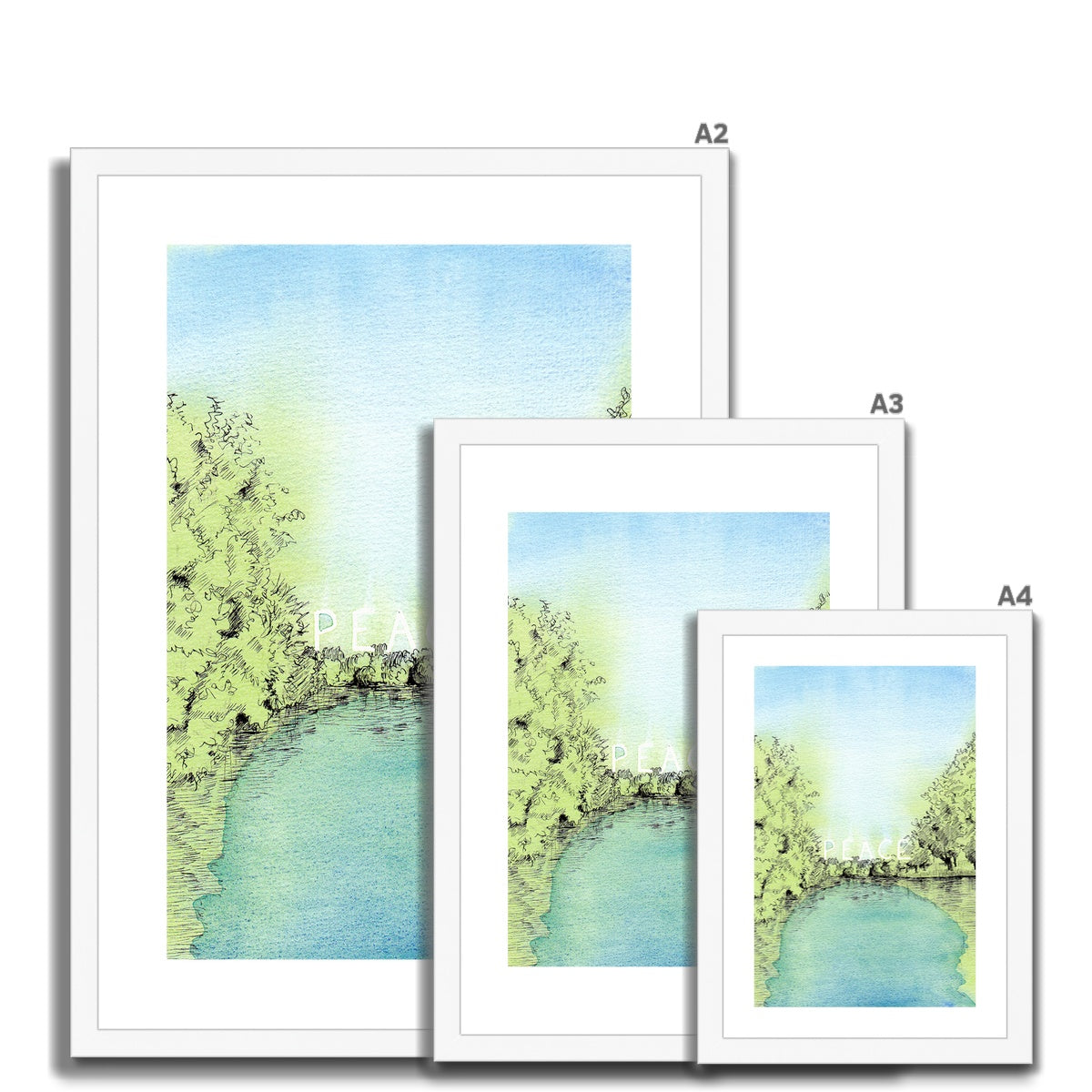 Image: Set of three line art with watercolour fine art print from Melinda Yeoh art to show the three available sizes in A4, A3, A2. With white colour frame and white mount. This is an artwork from the Meditations in words collection | Scenes of Porto, titled, Peace, with scenery from Parque da Cidade do Porto (Porto City Park). My favourite park in Porto with its serene lakes around the park. At the right hour of the day, you’ll see the magical reflections on the lake, which I love.