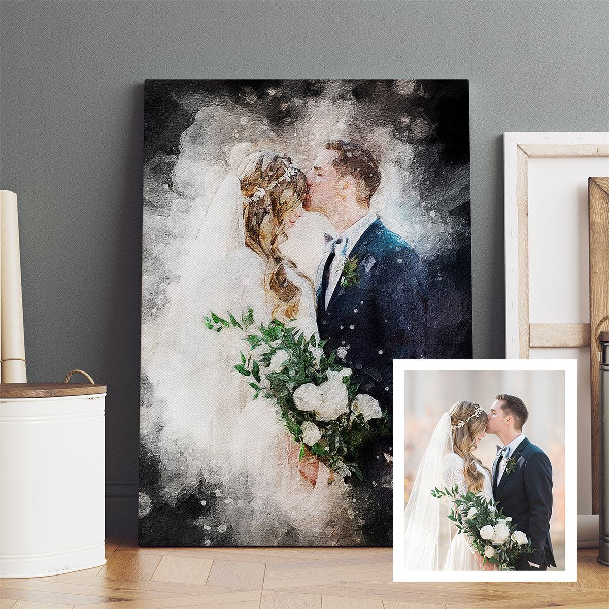 Wrapped canvas Fine art paper Wedding portrait Watercolour Wall art Wedding gift Custom painting from photo/picture