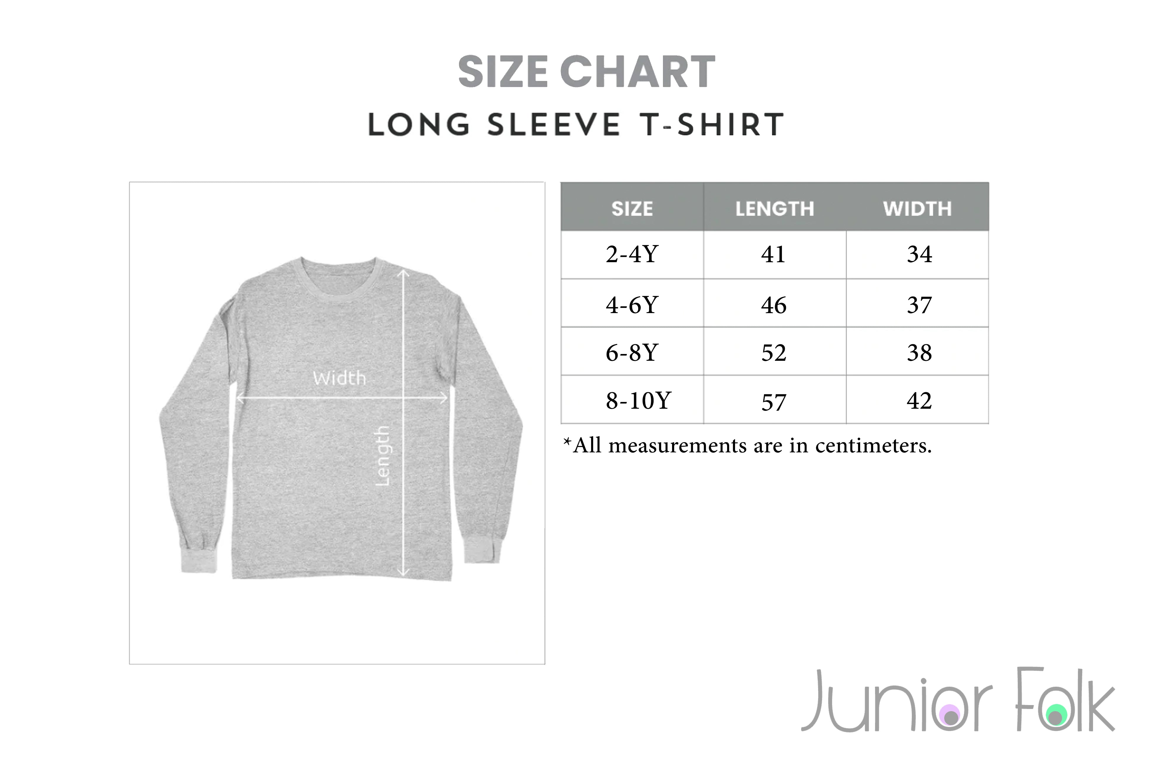Size Chart for Long Sleeve T-Shirts