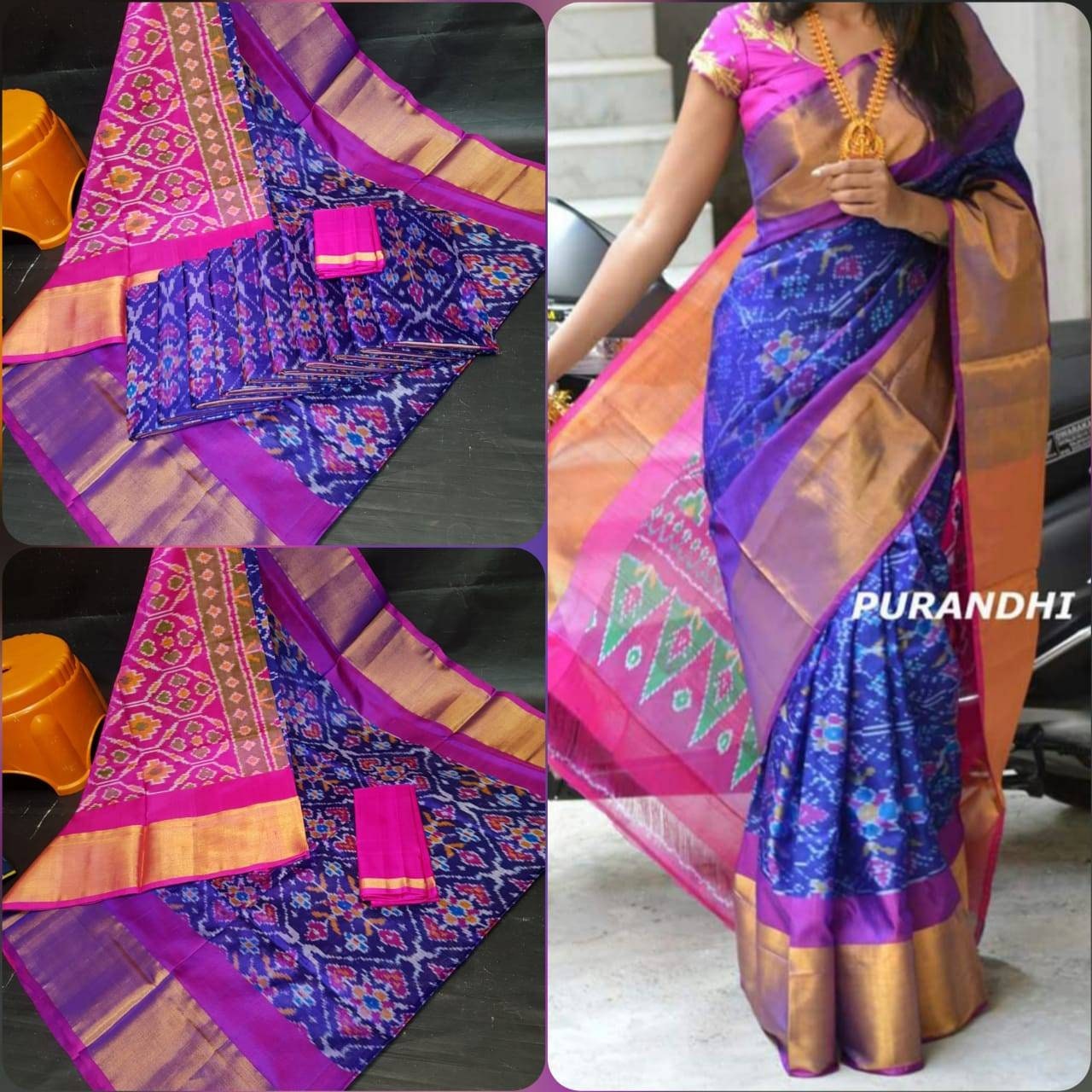 Ikkat design uppada pattu saree, pink and blue with big zari ...