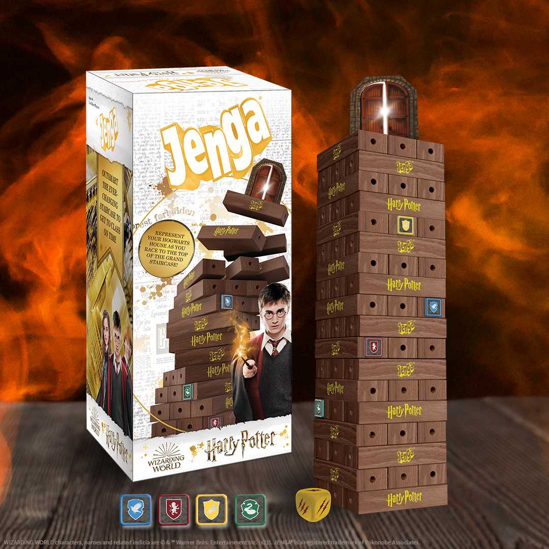 USAOPOLY Jenga Harry Potter Build The Grand Staircase of Hogwarts to Reach The Classroom Collectible Jenga Game Unique Gameplay with Custom Dice Based on Harry Potter Film Franchise 