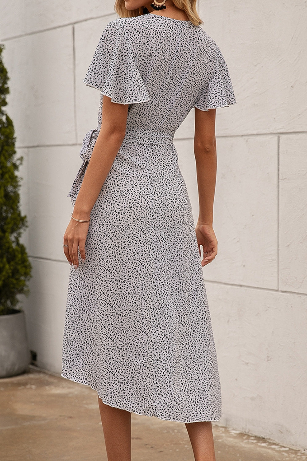 Printed Flutter Sleeve Tie-Waist Midi Wrap Dress