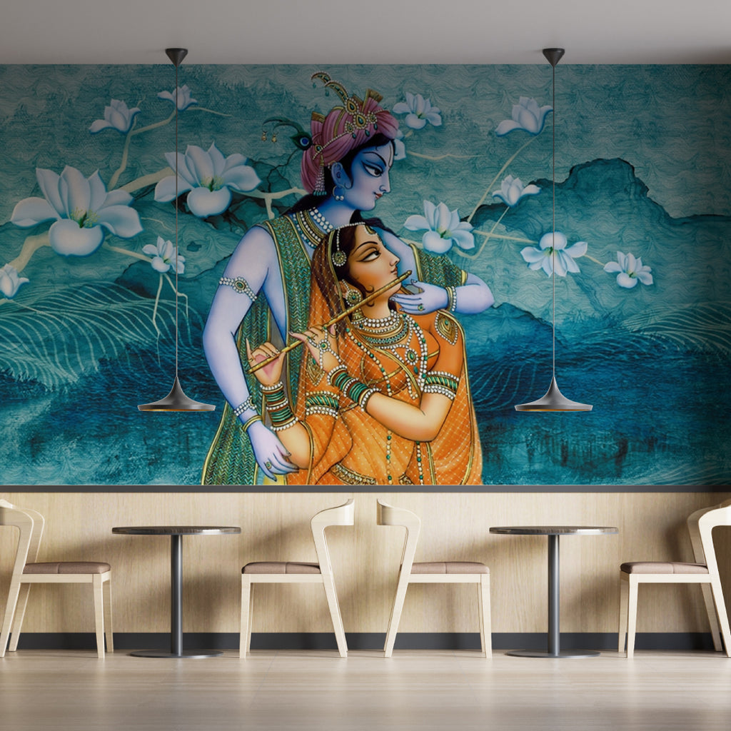 Radha Krishna with blue flower Wallpaper – Myindianthings