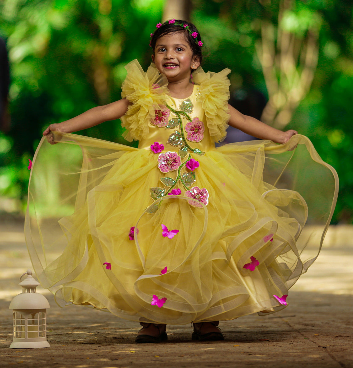 Pre-Order: Sunny Yellow Asymmetrical Swirl Gown With Fuchsia Pink Flow–  Peony Kids Couture