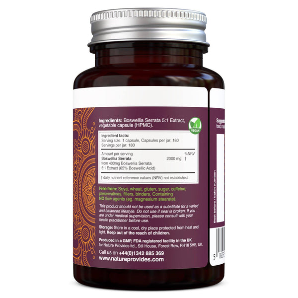 Boswellia Serrata 5:1 Extract 2000mg | 65% Standardised Boswellic Acid 180 Vegan Capsules