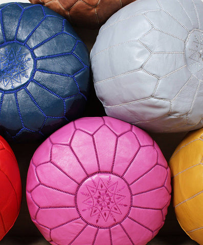Leather Morrocan Poufs in Pink, White and Blue Colours