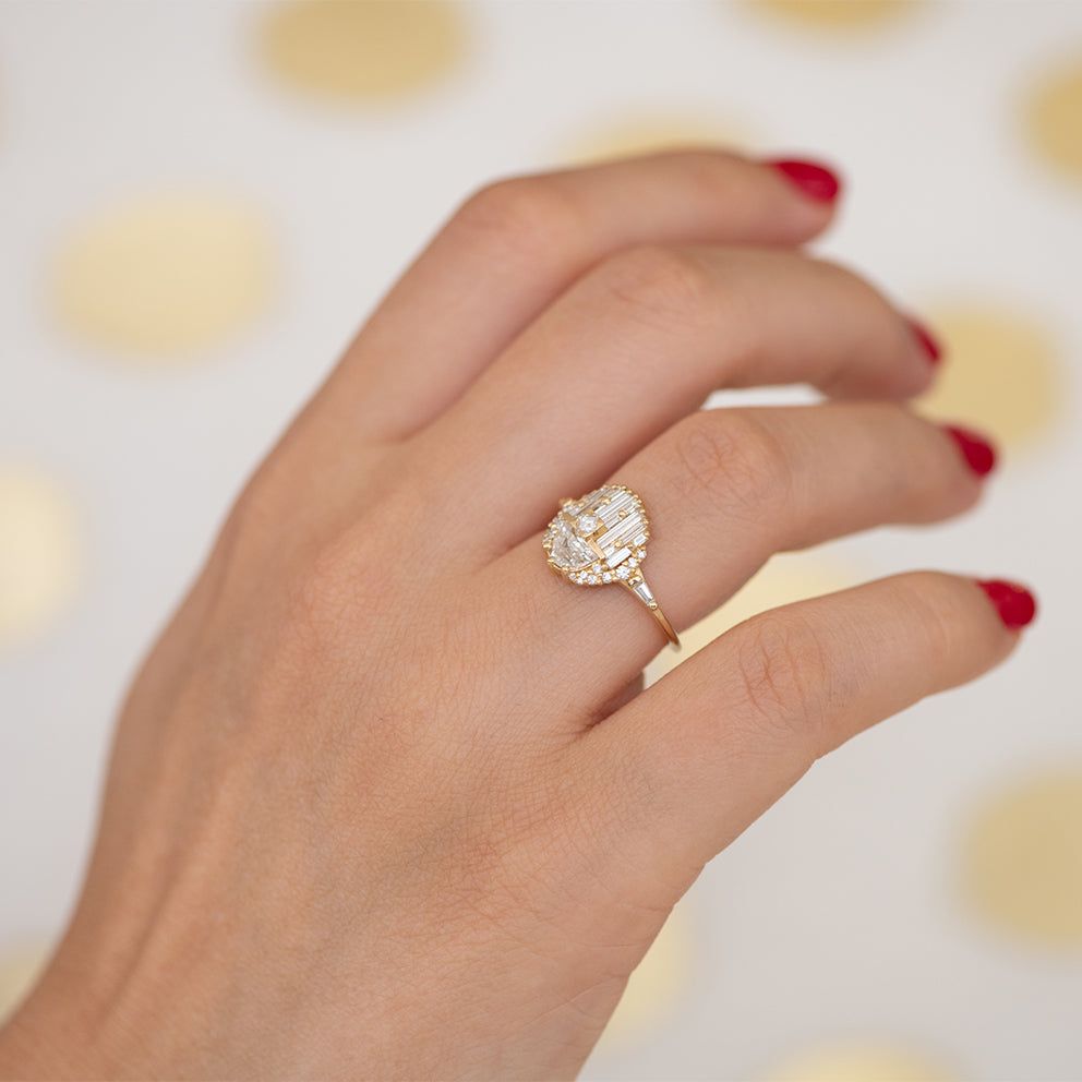 Engagement Ring with Half Moon Diamond - The Aztec Temple Ring on Hand-3