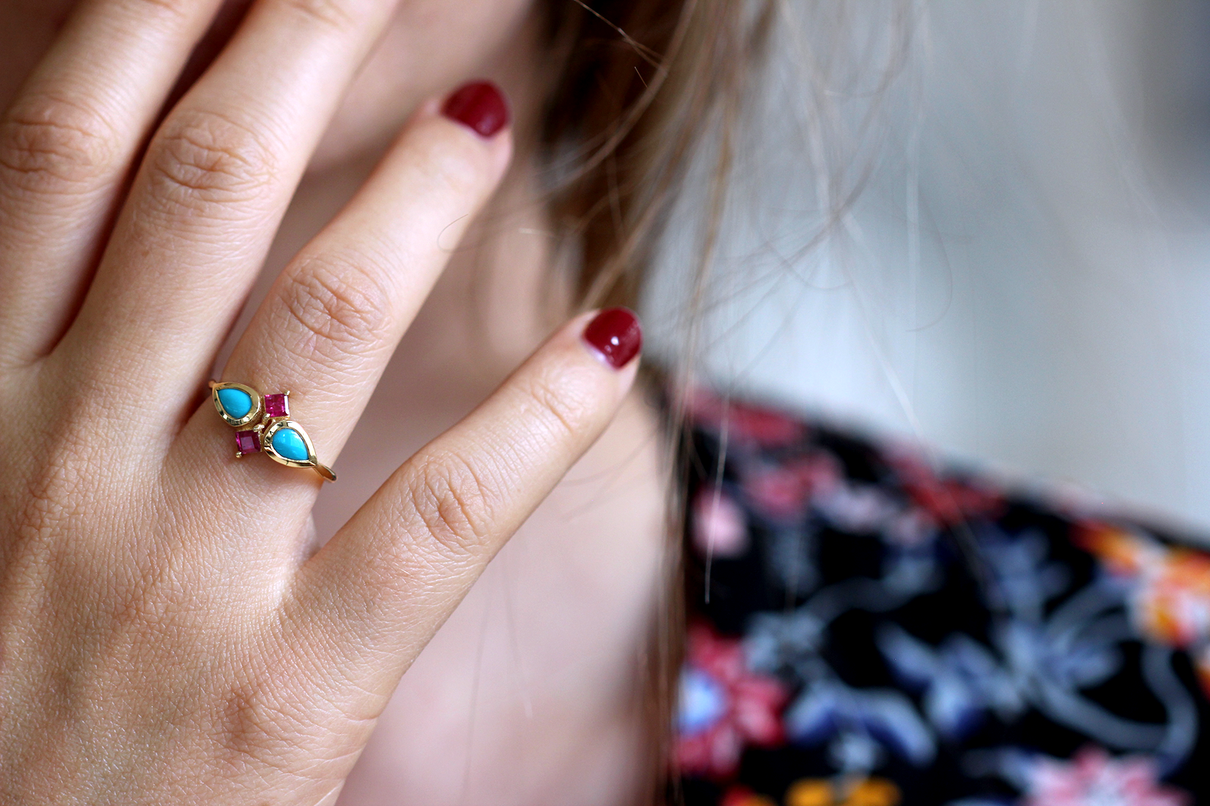 Turquoise Tear Drops And Ruby Squares Ring