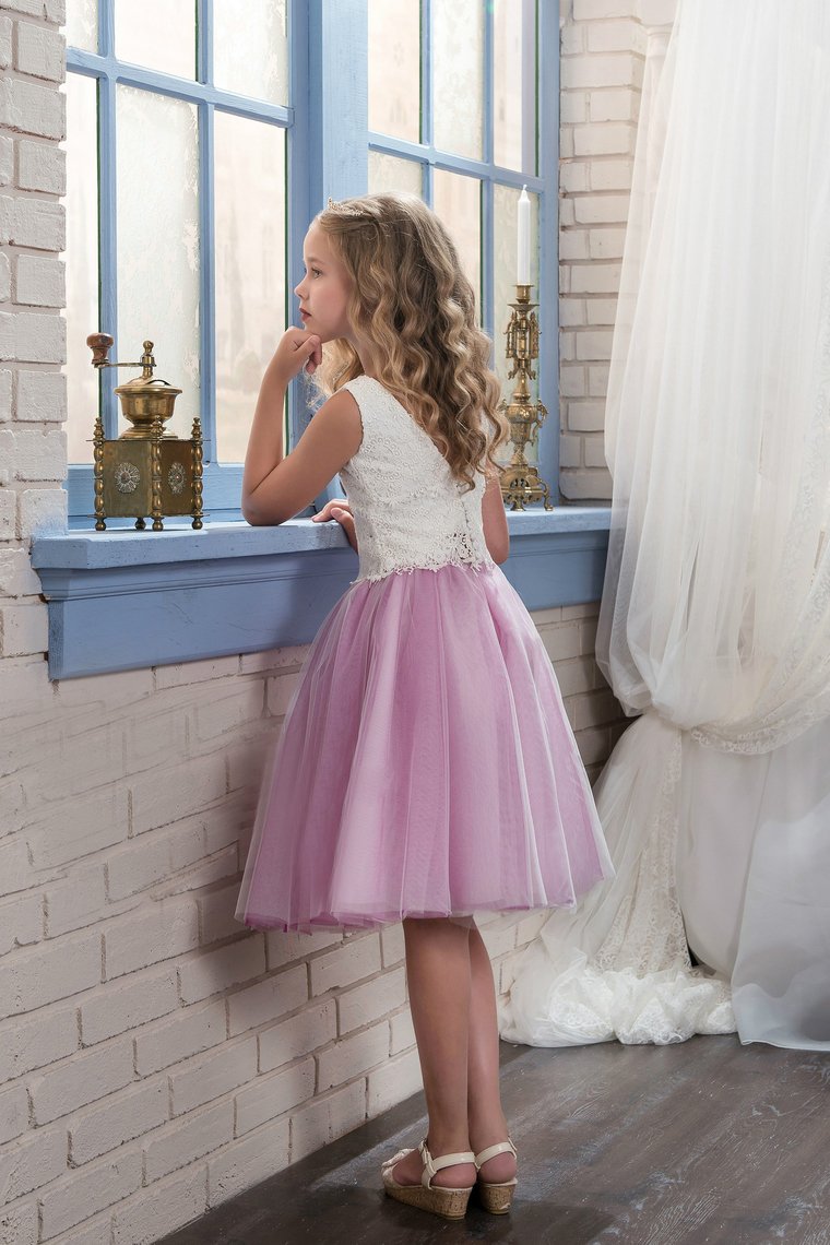 2022 Bicolor Scoop Tulle & Lace A Line Knee Length Flower Girl Dresses