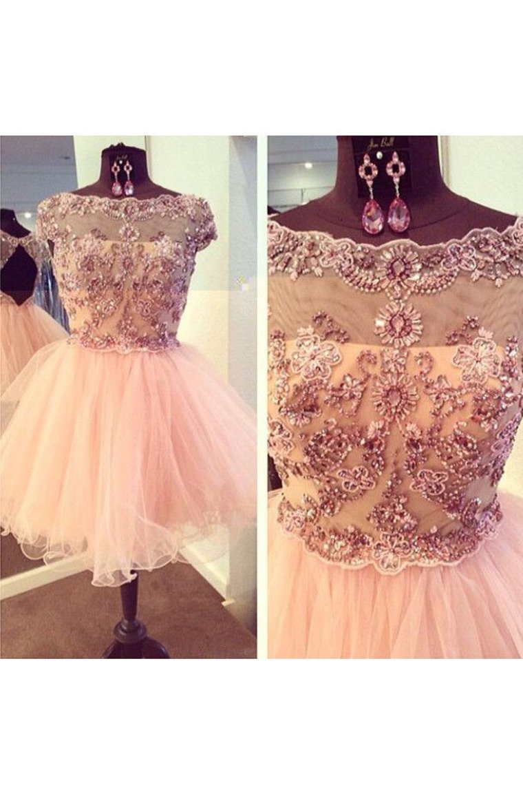 2022 Sexy Open Back Scoop Beaded Bodice Homecoming Dresses A Line Tulle