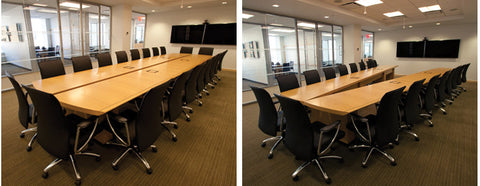 Anigre Conference Table for Conferencing (left) and Articulated for Video Conferencing (right)