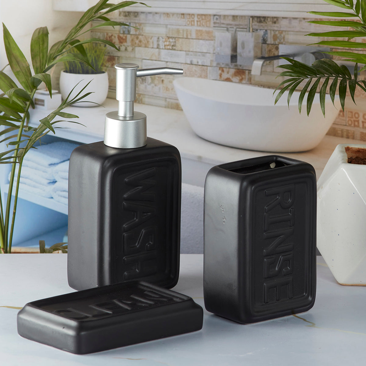 Ceramic Bathroom Set With Soap Dispenser - 3 Pcs