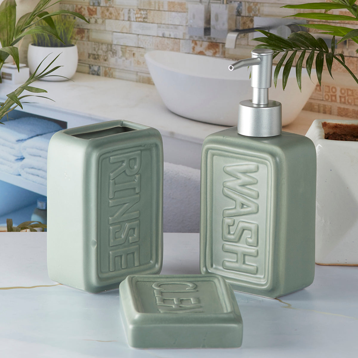 Ceramic Bathroom Set With Soap Dispenser - 3 Pcs