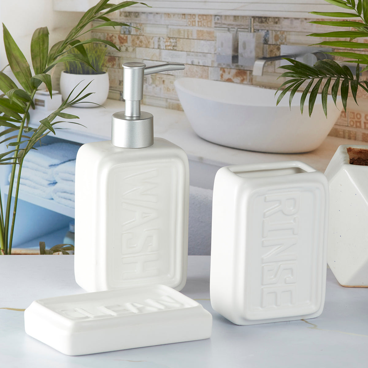 Ceramic Bathroom Set With Soap Dispenser - 3 Pcs