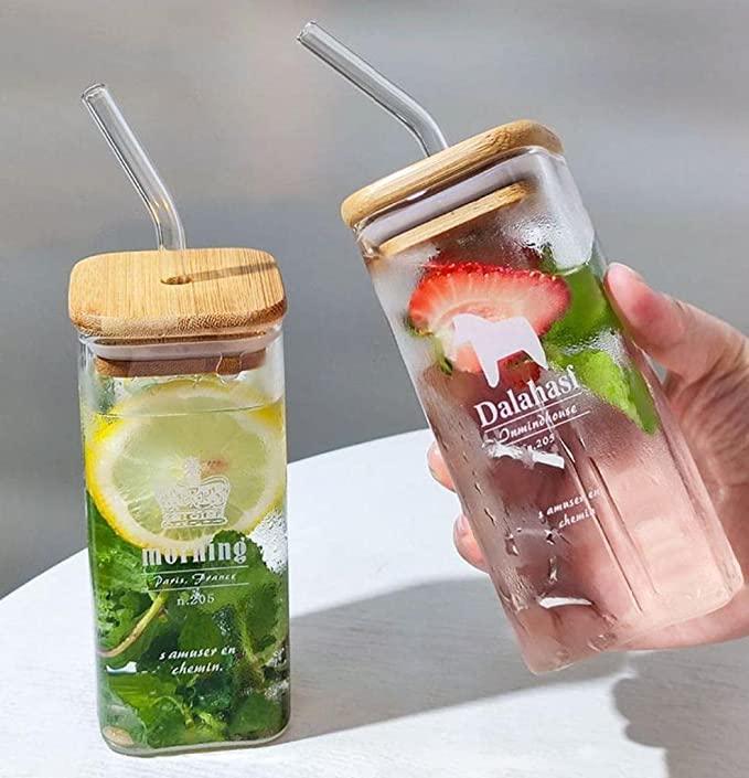 Transparent Square Glass Tumbler Drinking Glass with Glass Straw And Airtight Bamboo Lid - Home Hatch