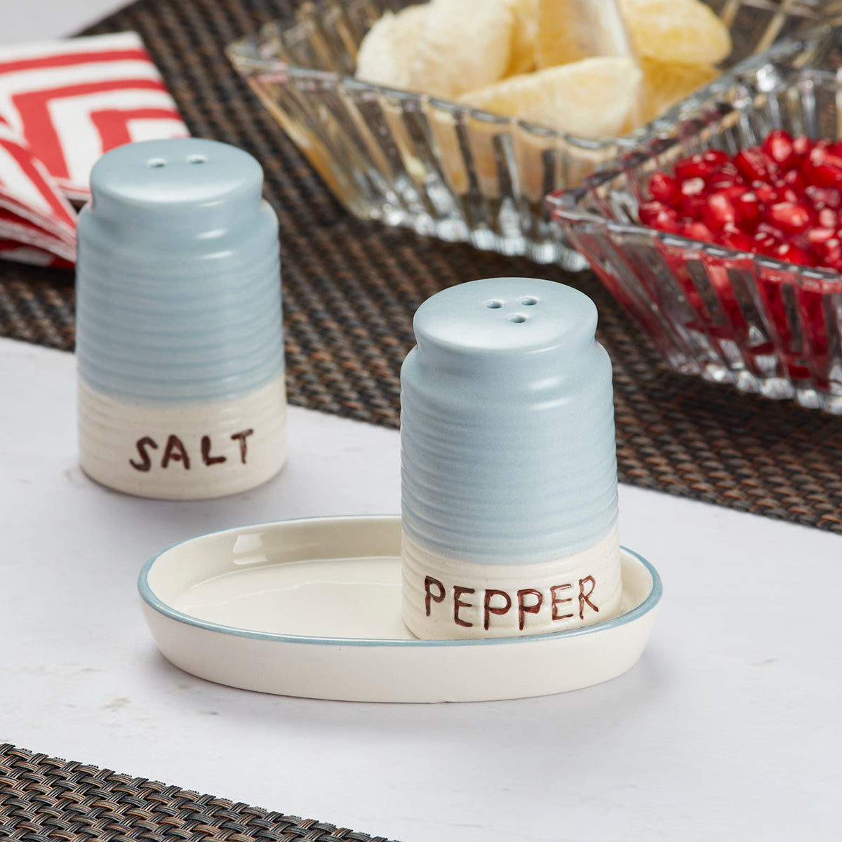 Ceramic Salt and Pepper Shakers Set With Tray For Dining Table | Kitchen Accessories