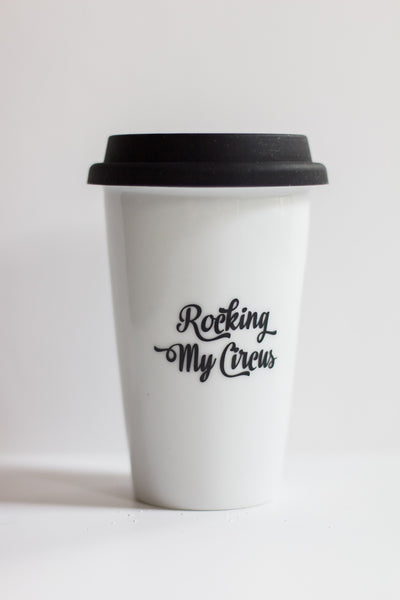 Rocking My Circus ceramic travel coffee mug
