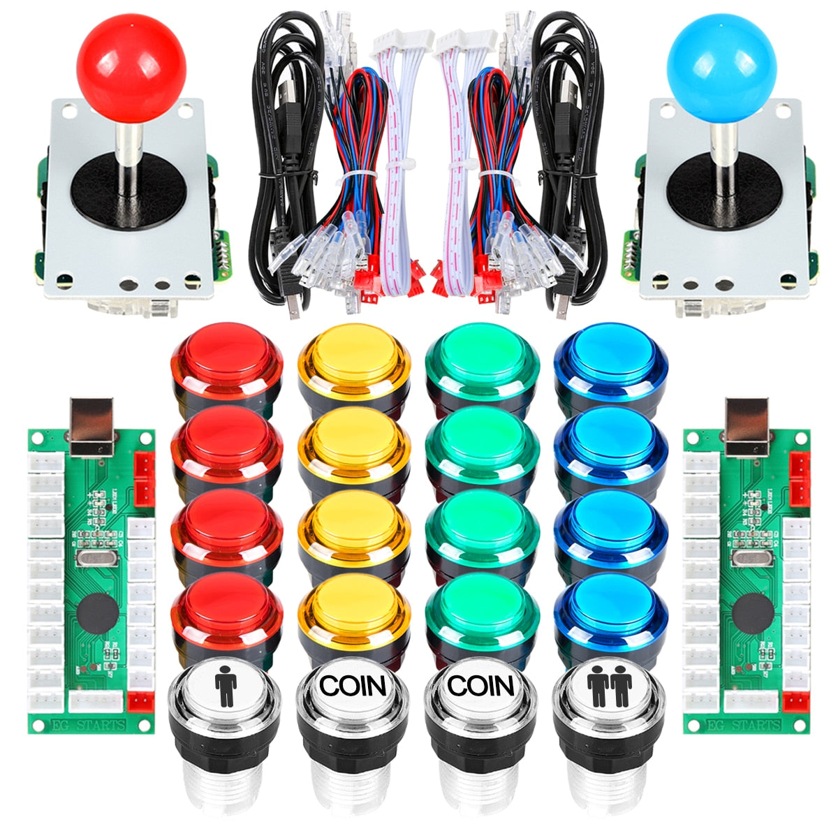 Avisiri 2 Player led Arcade Buttons and Joystick DIY kit 2X joysticks Red-Blue-Kits 20x led Arcade Buttons Game Controller kit for Windows and MAME and Raspberry Pi 