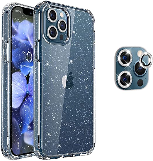 Glitter Clear Bling Butterfly-Grip Series PC Hard Cover Hoerrye Compatible with iPhone 12 Pro Max Phone Case for Women/Girl with 3 x Camera Lens Protector Military Grade Protection 