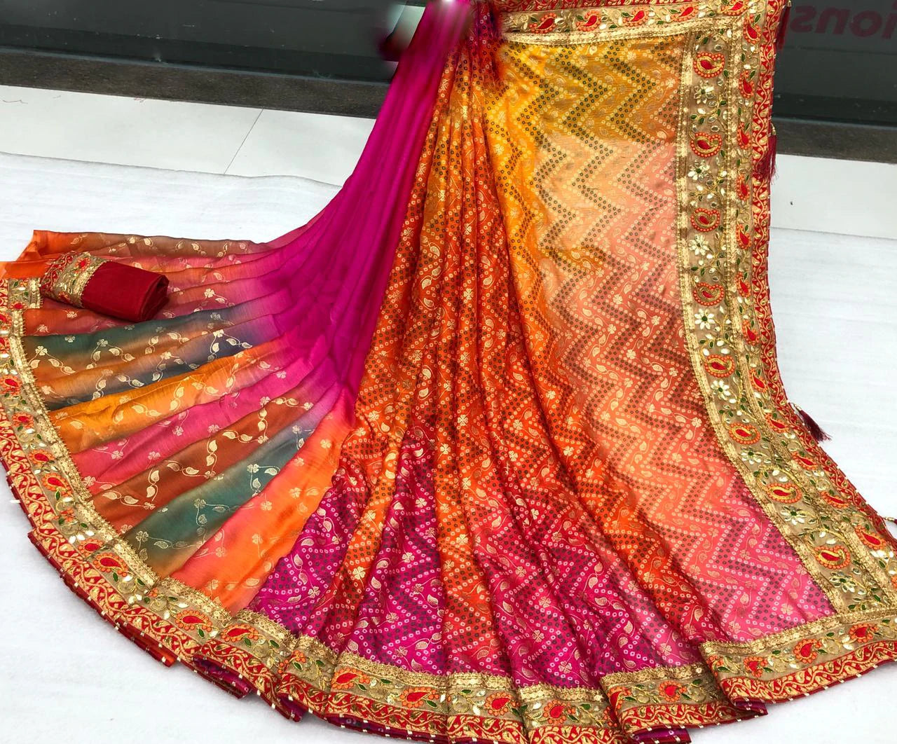 Party Wear Moss Chiffon Rajasthani Bandhej Printed Gotta Patti Work Heavy Pallu Saree