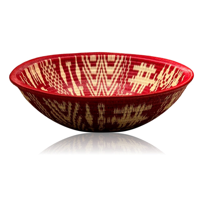 #40-Wounaan Folk Art Plate Basket WP079 - Red & White Village XL Bowl - Unique Handmade Gift