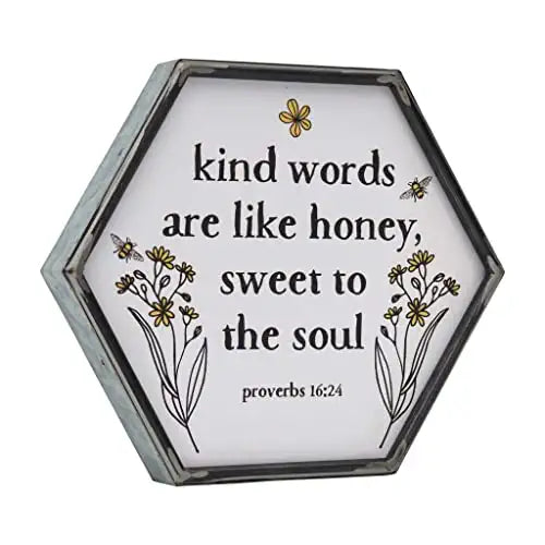 AshleeOaks Galvanized Metal Hexagonal Wall Sign Decor - Kind Words Are Like Honey Sweet To the Soul