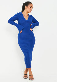 Maura Blue Knitted Collar Flared Sleeve Midi Dress | Women's Dresses | MissyEmpire