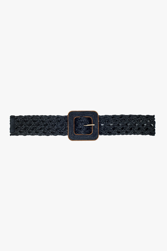 Black woven belt with square buckle with brown border