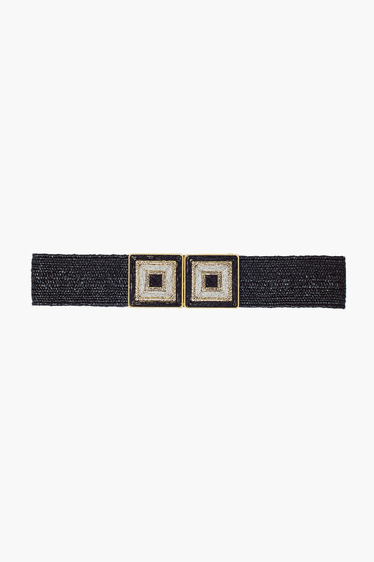 Black woven belt with square buckle with white and gold details