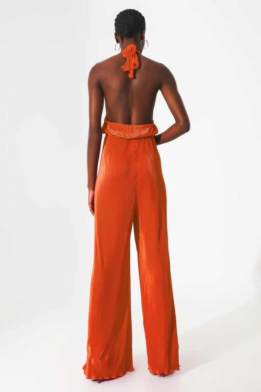 Satin halter neck pleated maxi jumpsuit in orange - Szua Store